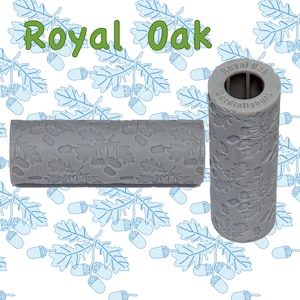 May include: Gray rolling pin with an oak leaf and acorn design. The rolling pin is labeled "Royal Oak" and "CordinglyYours".