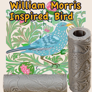 May include: Two gray textured paint rollers with a floral design. The roller on the right has the text "Morris" on it. The roller on the left is in front of a blue bird with a floral background. The text "William Morris Inspired Bird" is at the top of the image.
