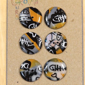 Street Art Buttons in polymer clay and resin.  Fish buttons.  Set of 6 Graffiti Art Fish Bone Buttons.