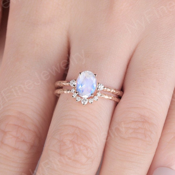 Moonstone engagement ring set rose gold Vintage ring hammered band Unique ring Three stones curved wedding band bridal set Anniversary