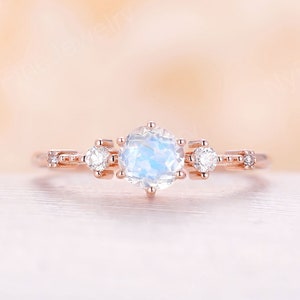 Round cut Moonstone engagement ring rose gold prong ring vintage Diamond wedding ring Bridal delicate unique Anniversary promise ring