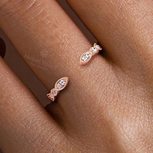 Vintage Marquise Diamond Wedding Band, Dainty Open Wedding Band, Half Eternity Band, 18K Gold Milgrain Ring,Delicate Stackable Matching Ring