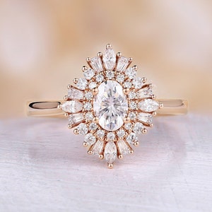 Vintage Oval Moissanite engagement ring Rose gold Art deco double halo diamond cluster Gatsby wedding ring Antique Unique Anniversary ring