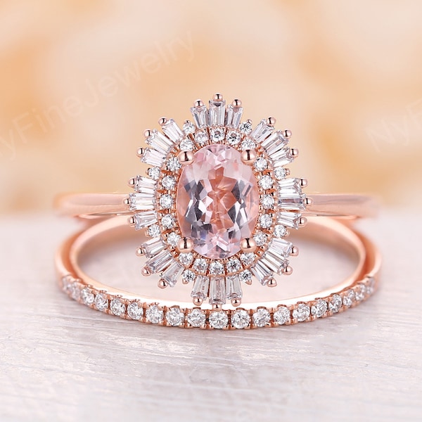 Art deco Oval cut Pink Morganite engagement ring set Rose gold vintage Halo Baguette cut ring Diamond wedding Bridal set Promise Anniversary