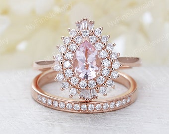 Morganite engagement ring set vintage pear pink morganite bridal set art deco rose gold wedding set diamond/CZ halo channel set wedding band