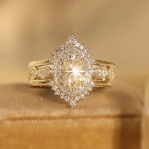Oval cut Moissanite engagement ring vintage three pieces ring set diamond halo ring yellow gold bridal set unique curved wedding band