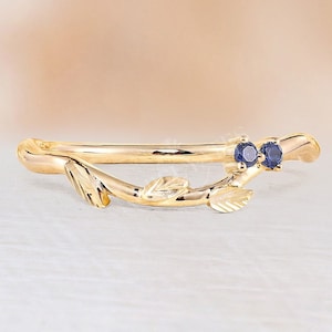 Natural sapphire wedding band Curved 14K/18K yellow gold leaf wedding band Vintage stacking matching band solid gold anniversary ring