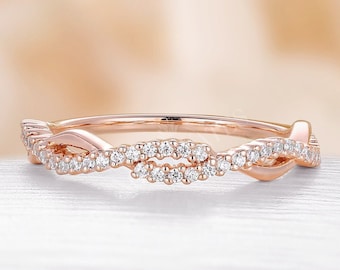 Round Moissanite Twist wedding band rose gold wedding ring dainty stacking matching ring vintage pave ring anniversary promise bridal band