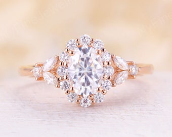 Moissanite engagement ring vintage diamond cluster ring rose gold halo wedding Oval cut art deco prong ring bridal promise Anniversary