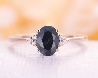 Vintage Black onyx engagement Ring rose gold Oval shaped ring diamond cluster unique prong ring wedding bridal ring promise anniversary