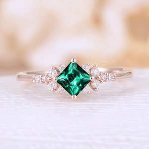 Delicate Princess cut Lab Emerald engagement ring rose gold band Art deco diamond cluster wedding bridal ring Unique Anniversary Promise