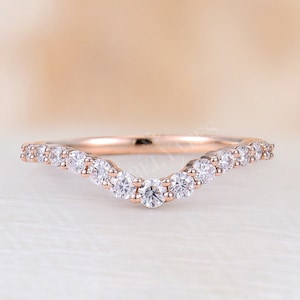 Classic Natural Diamond Curved Wedding Band, 18K Rose Gold Ring, Half Eternity Micro Pave Moissanite Ring, Unique Chevron Rings for Women