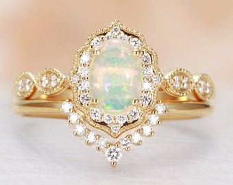 Vintage Oval Opal Engagement Ring Set,Yellow Gold Milgrain Ring,Moissanite Halo Bridal Ring Set,Diamond Curved Wedding Band,Anniversary Ring