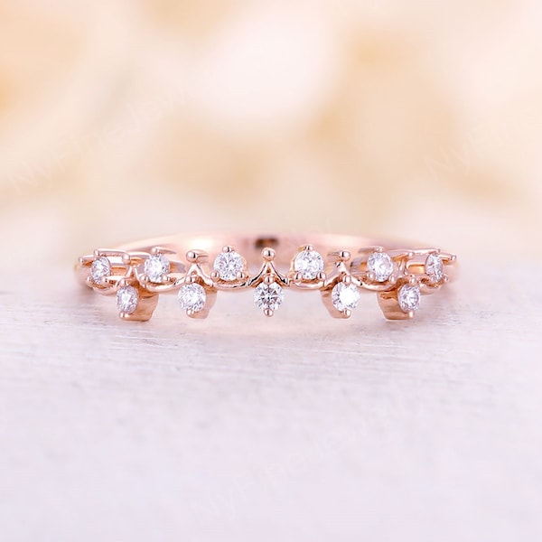 Vintage rose gold wedding band Dainty Moissanite Cluster Half eternity matching bridal band Unique stacking ring Promise Anniversary