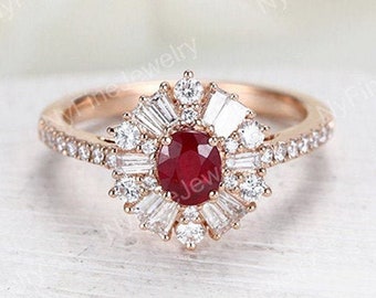 Ruby engagement ring vintage Art deco round cut ring Unique rose gold wedding half eternity diamond/CZ halo ring Bridal Anniversary