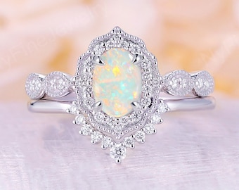 Antique Natural Opal engagement ring set Art deco white gold Oval cut Halo diamond milgrain bridal set antique wedding ring set Anniversary