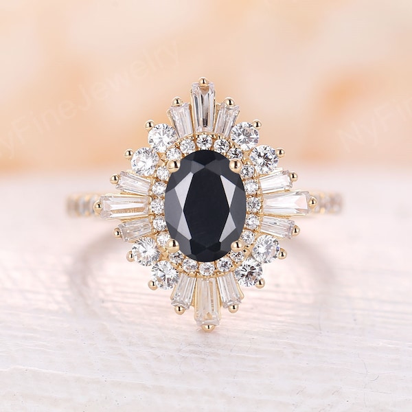 Vintage Black Onyx anillo de compromiso Antiguo oro amarillo diamante doble halo Art deco Gatsby Negro Zafiro Anillo de corte ovalado Boda única