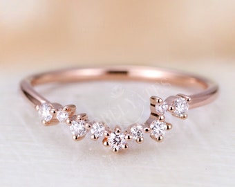 Unique Unsymmetrical Curved Wedding Band, Rose Gold Band Ring, Cluster Diamond Band, Stacking Matching Band, Custom Promise Anniversary Ring