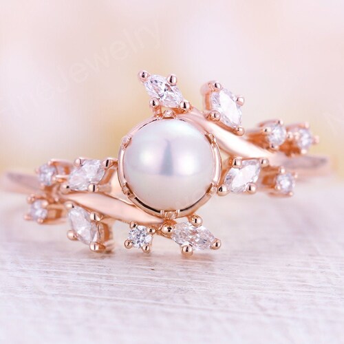 Pearl Engagement Ring Set Unique Wedding Set Rose Gold Wedding | Etsy