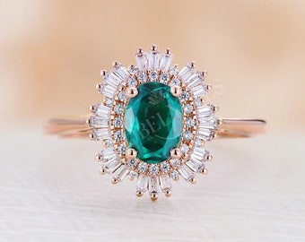 Vintage engagement ring oval cut Emerald ring rose gold Diamond/CZ halo ring Art deco wedding Unique ring Anniversary ring lab emerald ring
