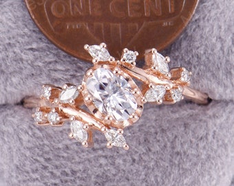 Rose gold Oval Moissanite engagement ring Diamond Cluster ring Unique Delicate leaf wedding vintage ring Bridal ring Promise Anniversary
