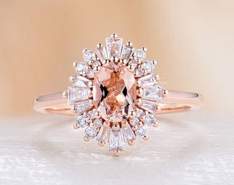 Vintage Oval Peach Pink Morganite Engagement Ring, Art Deco Halo Starburst Baguette Cut Ring, Unique Rose Gold Bridal Ring, Anniversary Ring