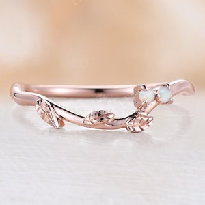 Curved Natural Opal Wedding Band Unique Rose gold Leaf Design delicate Matching Wedding ring Art deco Bridal Ring Anniversary Promise Ring