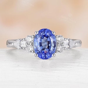 Art Deco Cornflower Blue Sapphire Engagement Ring in White Gold | Cluster Multi-Shape Diamond Wedding Ring | Custom Gemstone Rings For Women