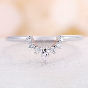 Curved Wedding Band vintage White gold band Moissanite Diamond Ring Unique Bridal dainty matching band Promise ring Anniversary ring