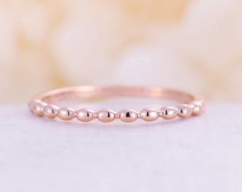 Rose plain gold wedding band beaded ring Vintage Art deco half Eternity band antique Stacking matching unique straight band Bridal Promise