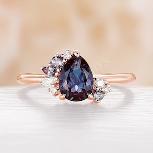 Pear cut lab alexandrite engagement ring vintage rose gold cluster ring unique marquise cut natural diamond ring anniversary promise ring