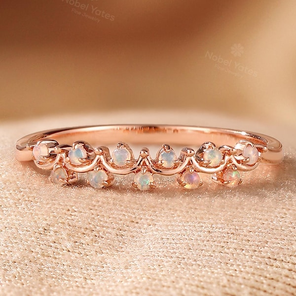 Vintage opal wedding band 14k rose gold band ring Cluster eternity band Unique natural opal ring Promise ring Anniversary ring
