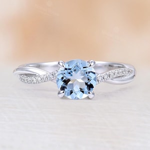 Antique Aquamarine Engagement Ring, White Gold Ring, Vintage Diamond Pave Wedding Ring, Unique Twisted Bridal Ring, Anniversary Promise Ring