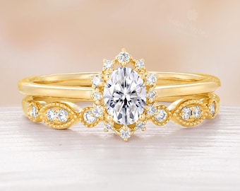 Conjunto de anillo de compromiso con diamante cultivado en laboratorio, conjunto de anillo de boda de oro de 18 quilates con anillo de diamante, delicada alianza de boda recta, conjunto de anillos de novia para ella.