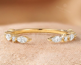Minimalist Diamond Open Design Wedding Band, Adjustable Hand Inch Solid Gold Ring, Stackable Matching Ring,Personalized Custom Engraved Ring