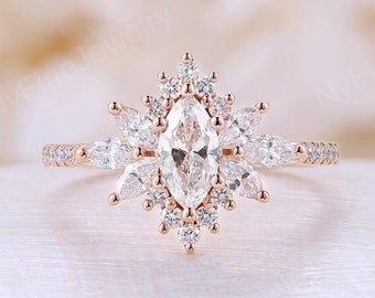 Moissanit Verlobungsring Vintage Art Deco Diamant Halo Ring Roségold halbe Ewigkeit Marquise Moissanit Ring Hochzeit Unikat Jahrestag