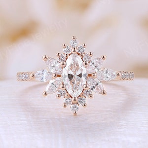 Moissanite engagement ring vintage art deco diamond halo ring rose gold half eternity marquise moissanite ring wedding Unique Anniversary