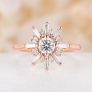 Vintage round cut moissanite engagement ring rose gold ring tapered baguette cut halo cz ring antique cluster ring anniversary promise ring