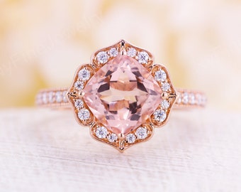 Cushion cut Morganite engagement ring vintage Art deco Unique rose gold ring peach pink morganite unique halo Bridal Anniversary ring