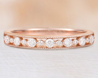 Vintage Half Eternity Diamond Wedding Band, Rose Gold Milgrain Band, Moissanite Wedding Band, Custom Bridal Ring, Stackable Matching Band