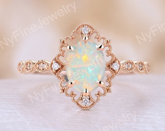 Vintage Natural Opal Engagement Ring Antique Rose Gold Oval Cut Opal Ring Art Deco Diamond milgrain Prong ring wedding ring Anniversary Ring