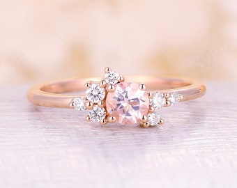 Round Pink Morganite Engagement Ring Art deco Rose Gold Ring Diamond Cluster Ring Wedding Bridal ring Multi stone Anniversary promise