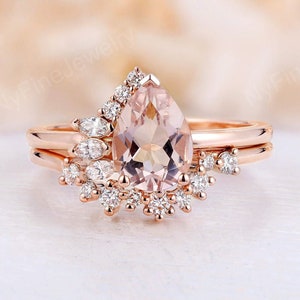 Vintage pear morganite engagement ring set diamond half halo art deco rose gold bridal set Antique Anniversary promise wedding ring