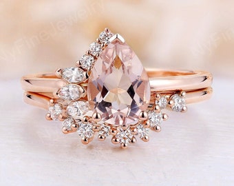 Vintage pear morganite engagement ring set diamond half halo art deco rose gold bridal set Antique Anniversary promise wedding ring