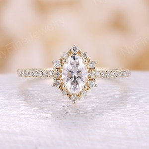 Vintage Oval Shape DEF Moissanite Engagement Ring Art Deco Diamond halo Half Eternity Ring Unique Bridal Ring Anniversary Promise Ring