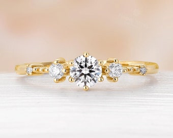Natural Diamond Engagement Ring, 18K Yellow Gold Ring, Classic Round Moissanite Fine Stone Ring, Vintage Wedding Ring Ring, Promise Ring