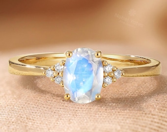 Antique Oval Moonstone Engagement Ring, Solid Gold Diamond Wedding Ring, Vintage Unique Bridal Ring, Promise Anniversary Ring for Women