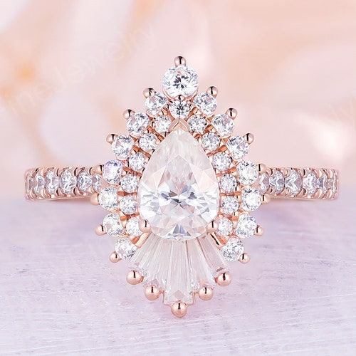 Moissanite Engagement Ring Set Unique Pear Shape 14k Rose Gold | Etsy