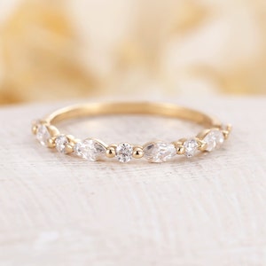 Delicate Natural Diamond Wedding Band, Patchwork Wedding Ring, 18K Gold Stackable Matching Rings, Half Eternity Ring, Custom Gifts For Her