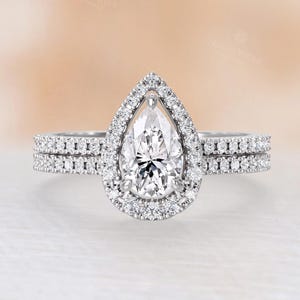 Classic Pear Cut Moissanite Engagement Ring Set, 14K White Gold Ring, Matching Open Wedding Band Set, Women's Bridal Ring Set -NyFineJewelry